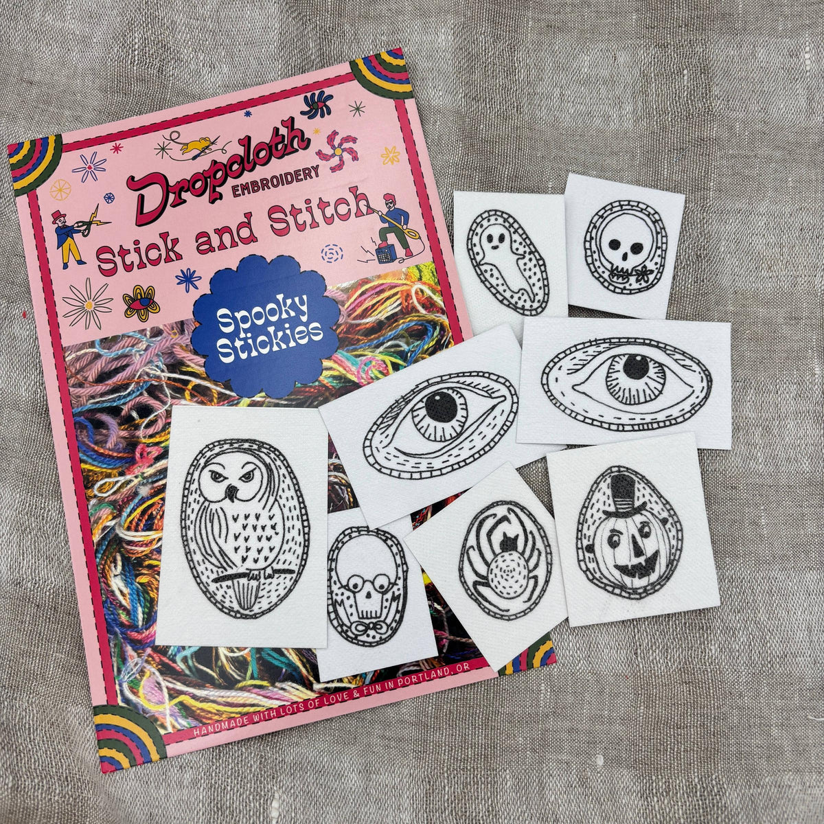 Dropcloth Samplers-Spooky Stickies Stick and Stitch Set-embroidery pattern-gather here online