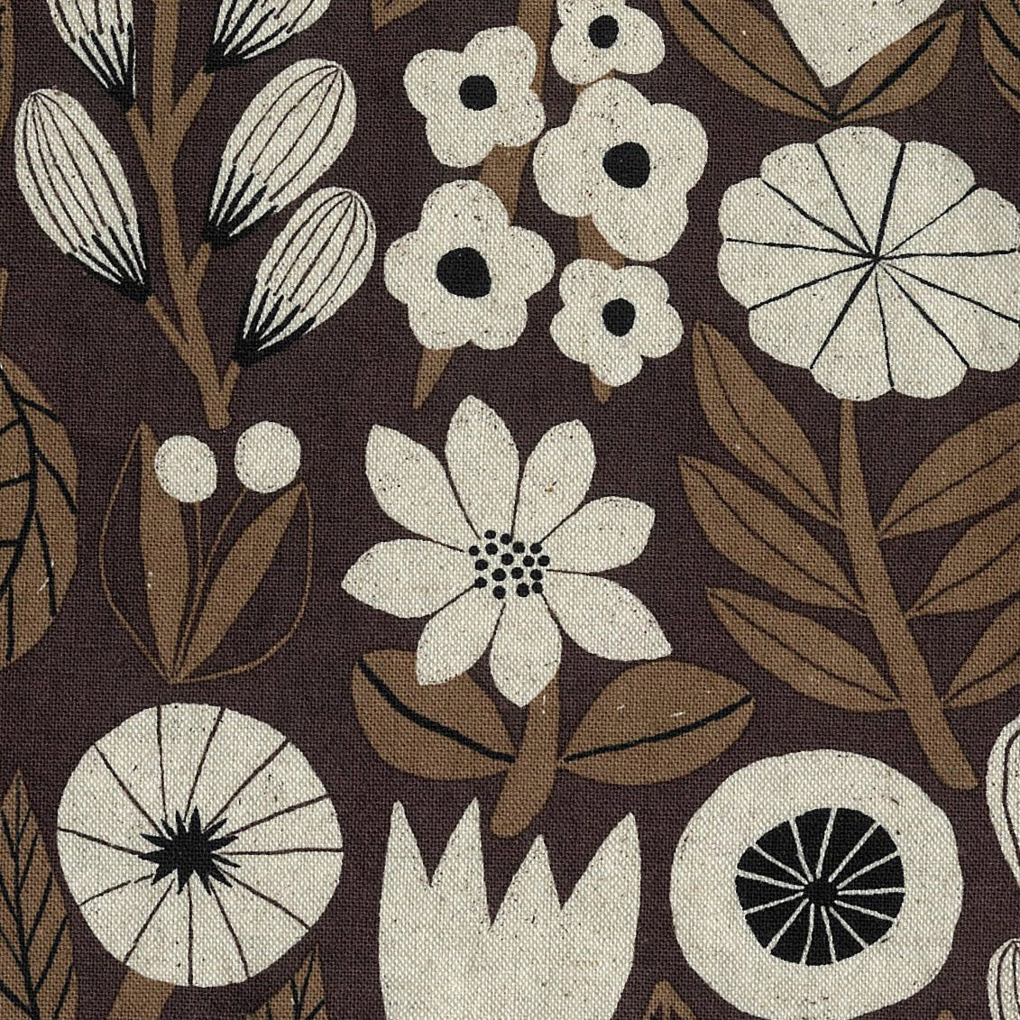 Kokka-Flowers Coffee, on Cotton/Linen Canvas-fabric-gather here online