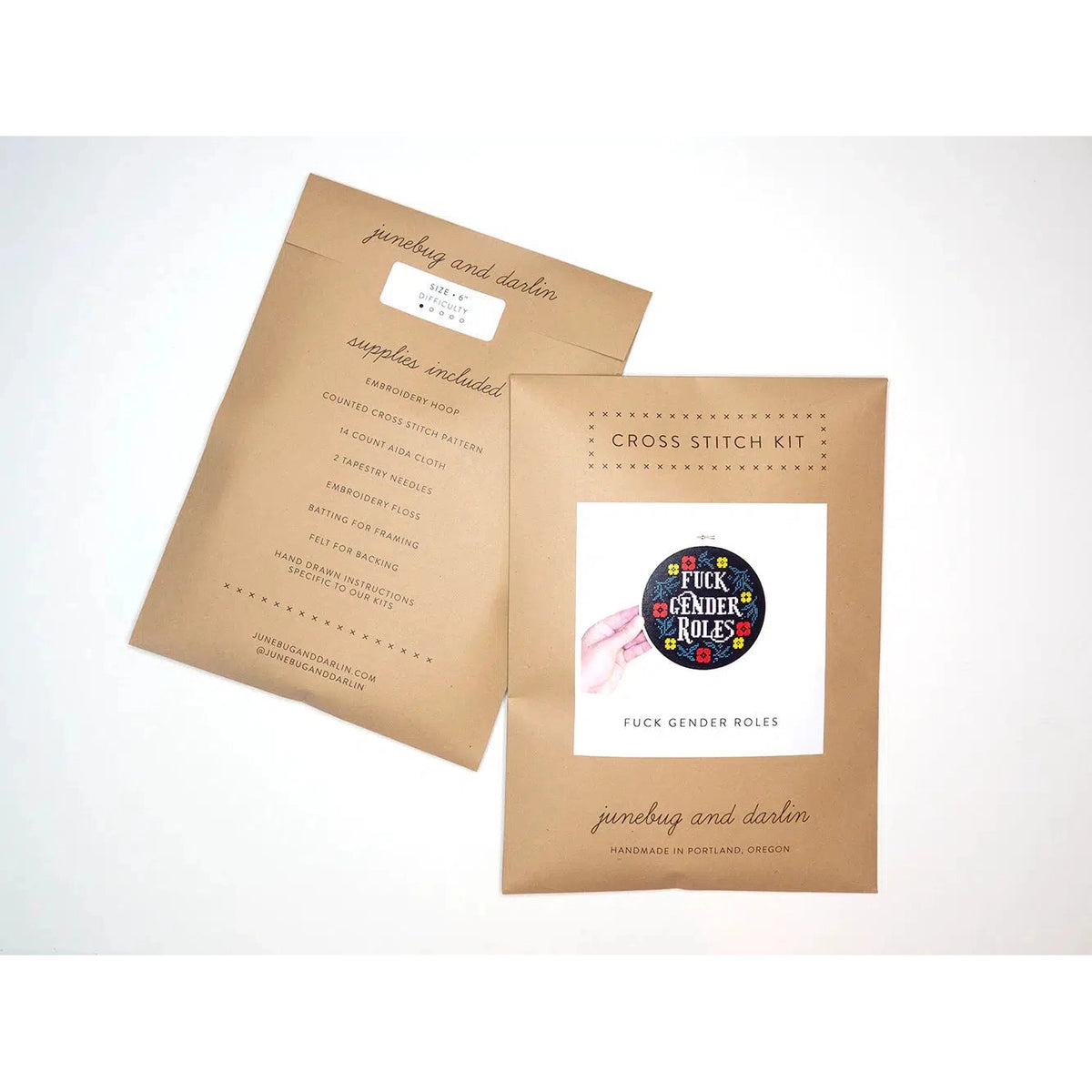 Junebug and Darlin-Fuck Gender Roles, 6" Cross Stitch Kit-xstitch kit-gather here online