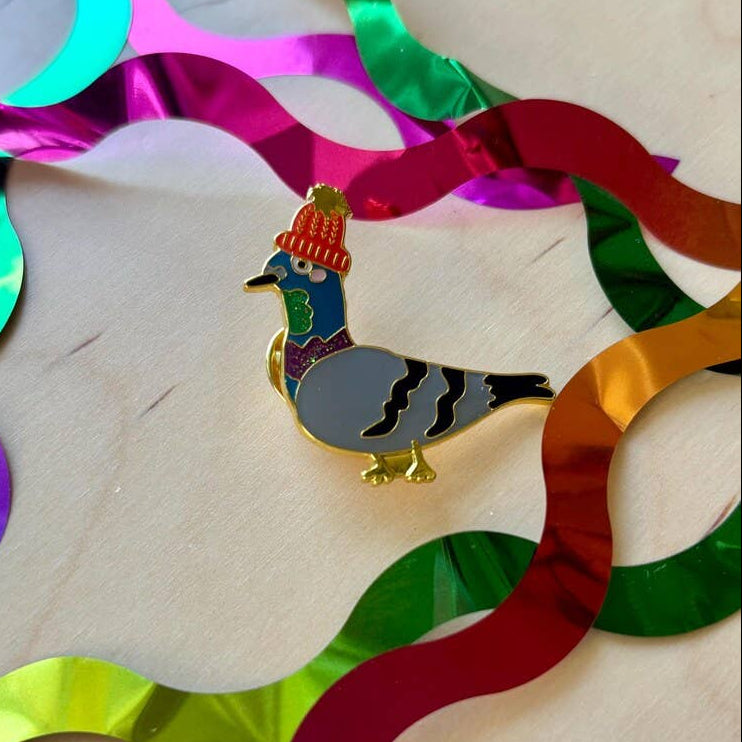 Comma Craft Co-Pigeon Makes a Hat Glitter Enamel Pin-patches + pins-gather here online