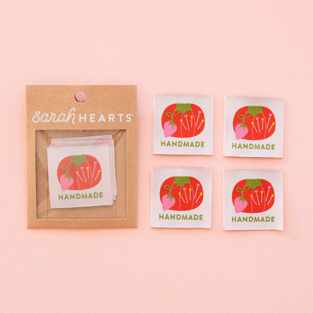 Sarah Hearts-Tomato Pin Cushion Handmade Large Sew-In Labels-sewing notion-gather here online
