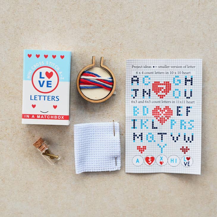 Marvling Bros-Love Letters Mini Hoop Cross Stitch Kit in a Matchbox-xstitch kit-gather here online