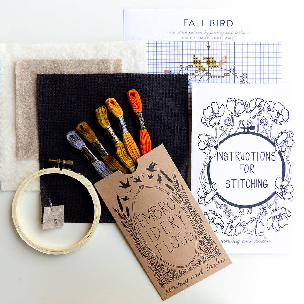 Junebug and Darlin-Fall Bird, 4" Cross Stitch Kit-xstitch kit-gather here online