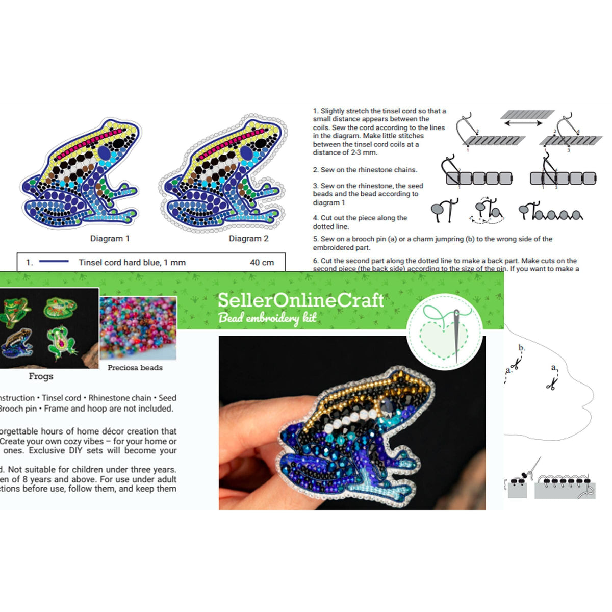 CraftShopOnline-Bead Embroidery Kit: DIY Seed Bead Frog Brooch-craft kit-gather here online