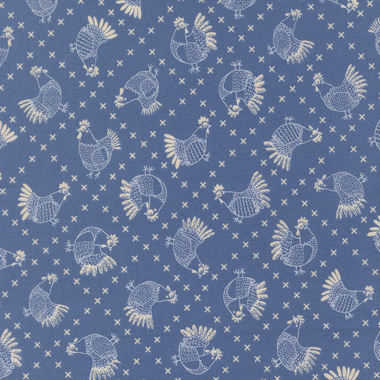 Moda-Cross Stitch Chickens Cobalt-fabric-gather here online