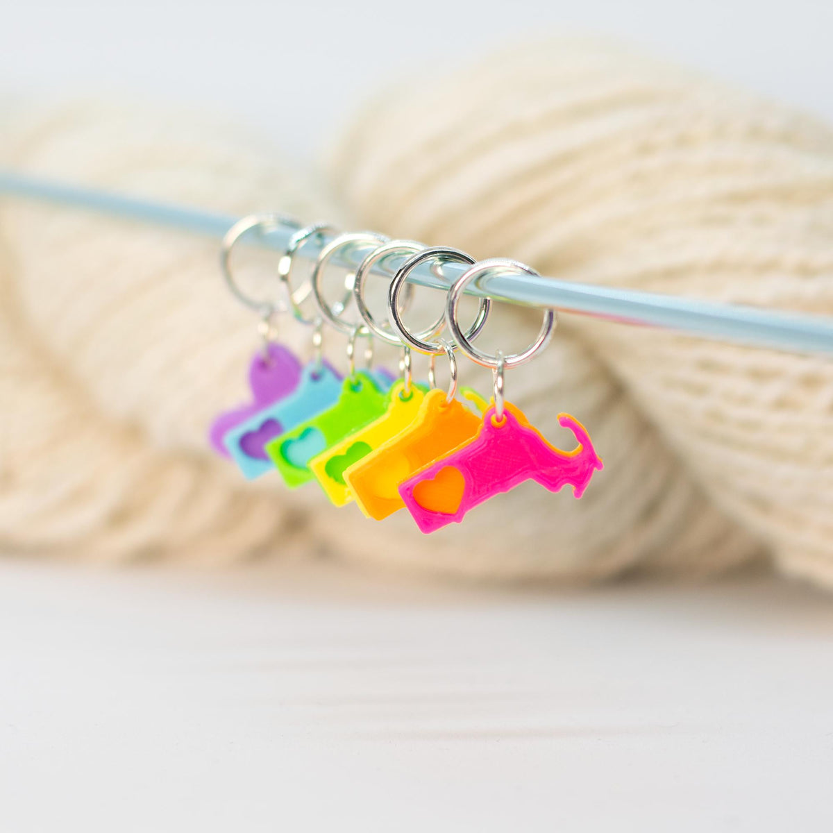 Blue Bird Makery-Neon Rainbow Love Massachusetts Stitch Marker Set-knitting notion-gather here online