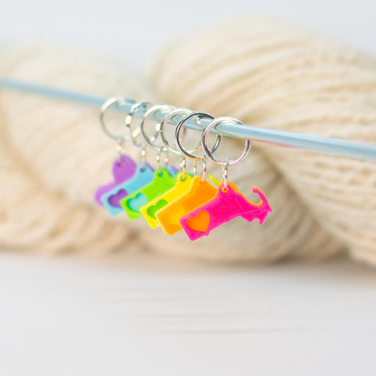 Blue Bird Makery-Neon Rainbow Love Massachusetts Stitch Marker Set-knitting notion-gather here online