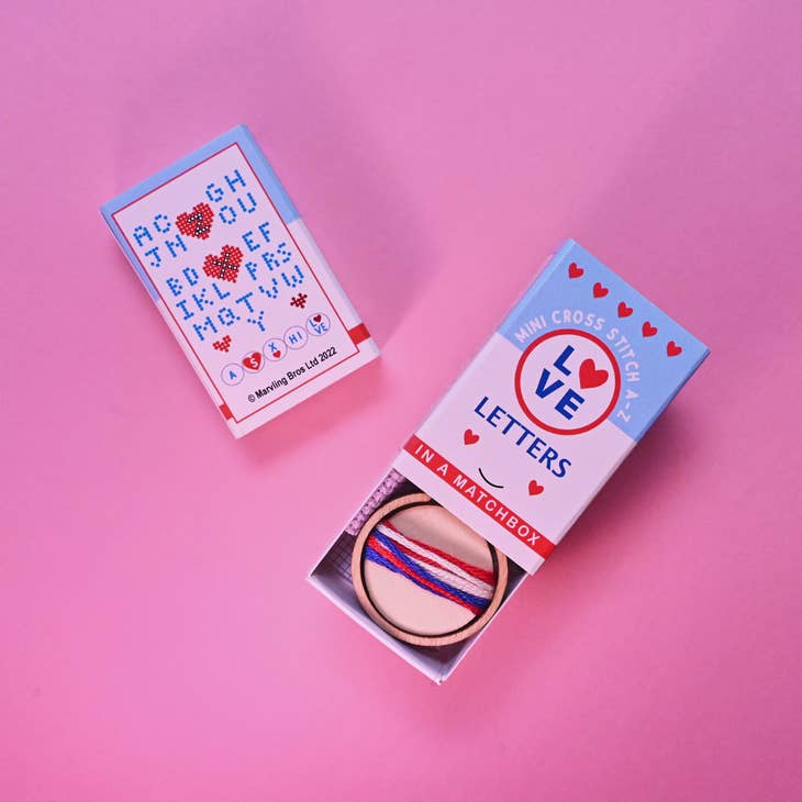 Marvling Bros-Love Letters Mini Hoop Cross Stitch Kit in a Matchbox-xstitch kit-gather here online