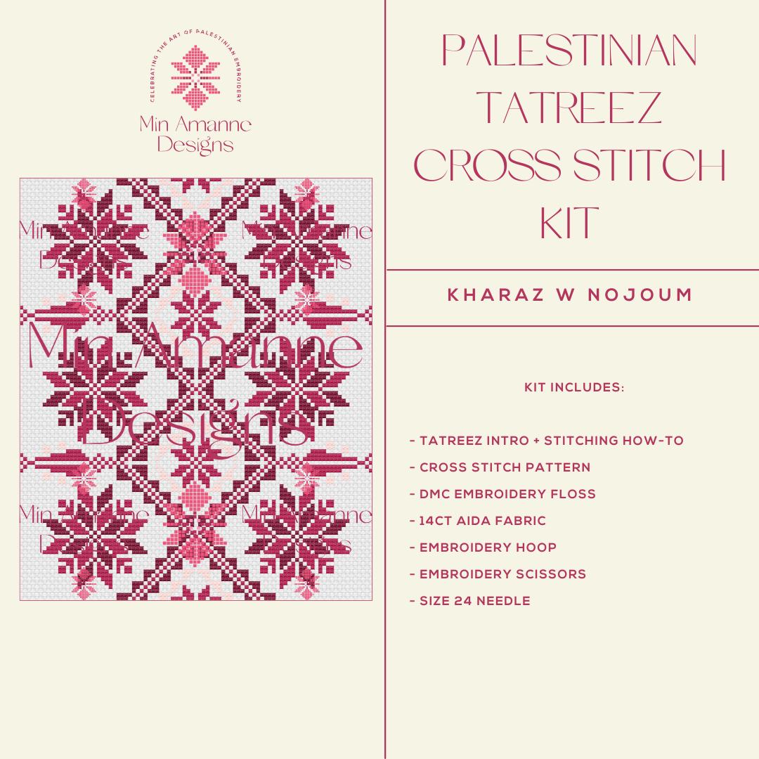 Min Amanne Tatreez Designs-Kharaz w Nojoum Tatreez Kit-xstitch kit-gather here online