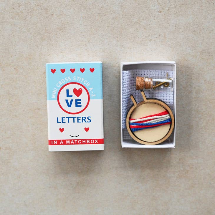 Marvling Bros-Love Letters Mini Hoop Cross Stitch Kit in a Matchbox-xstitch kit-gather here online
