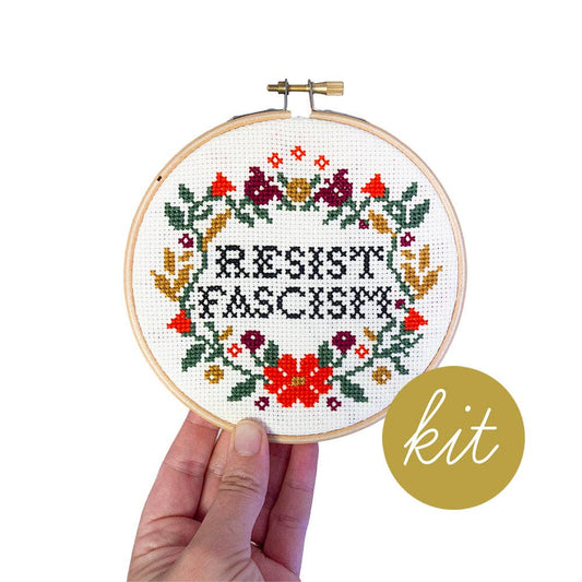 Junebug and Darlin-Resist Fascism, 5" Cross Stitch Kit-xstitch kit-gather here online