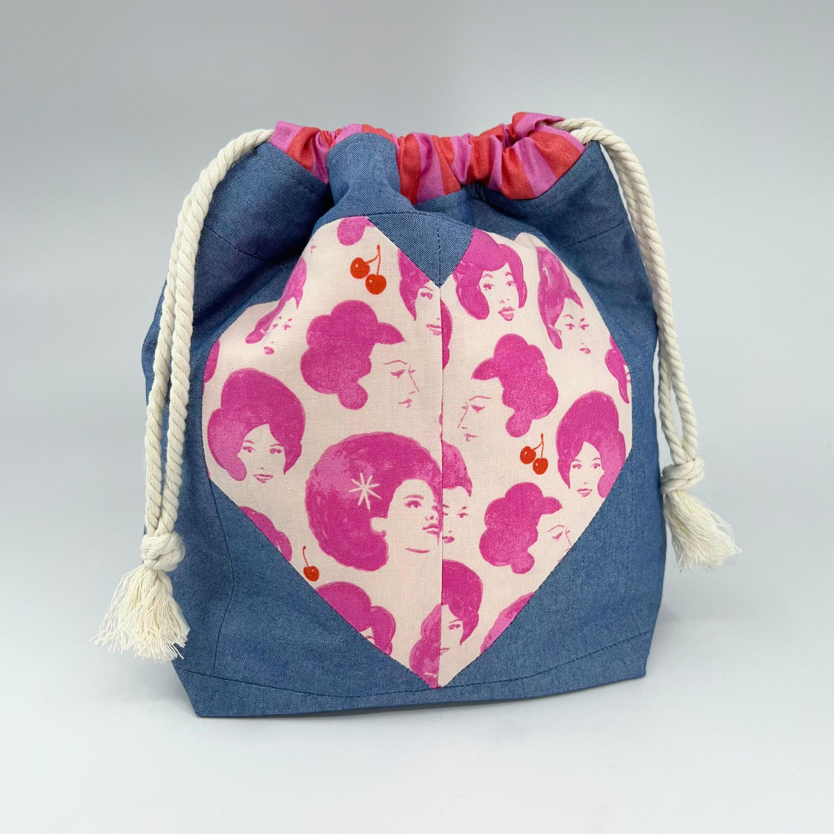Denise Snow Williams-One of a Kind Drawstring Project Bags-craft organizer-Medium - Pink Quilt Heart & Stripes w/ Int Zip Pocket-gather here online