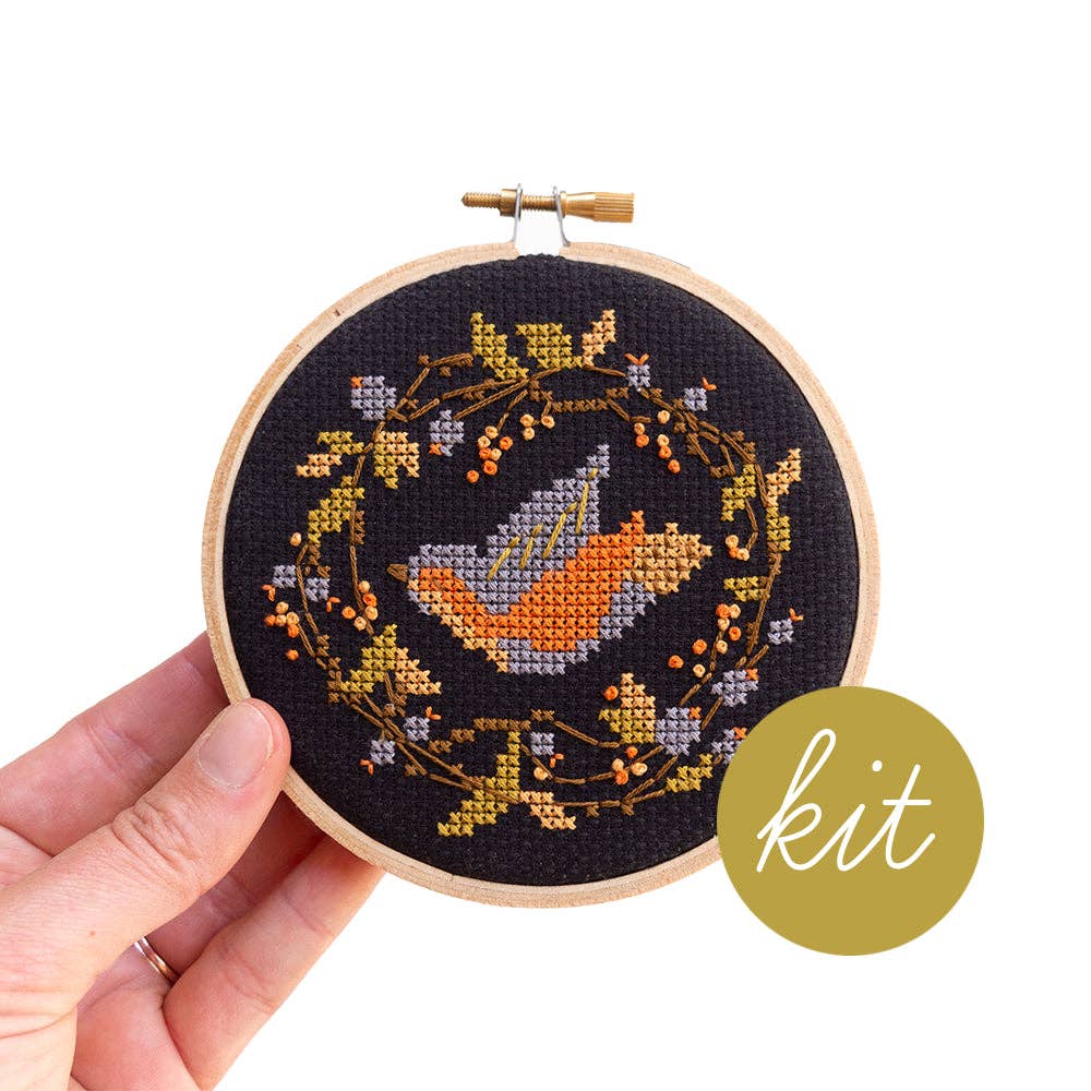 Junebug and Darlin-Fall Bird, 4" Cross Stitch Kit-xstitch kit-gather here online