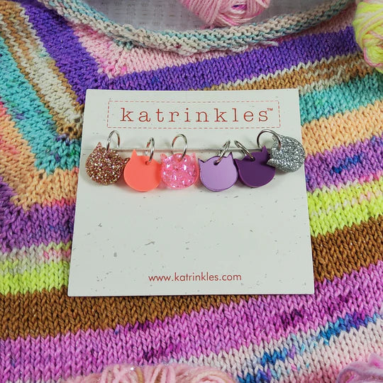 Katrinkles-Acrylic Disco Kitties Stitch Markers - Pink / Purple / Glitter-knitting notion-gather here online