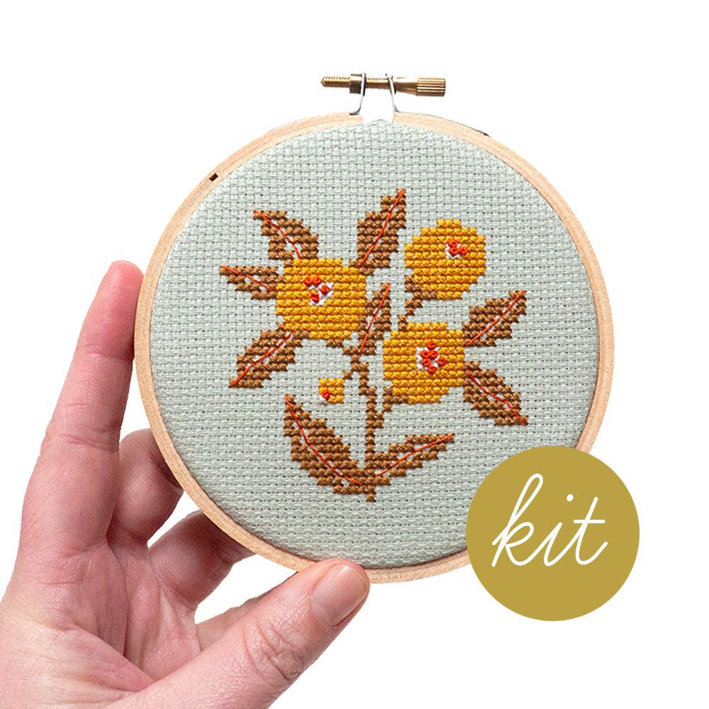 Junebug and Darlin-Retro Blooms, 4” Cross Stitch Kit-xstitch kit-gather here online