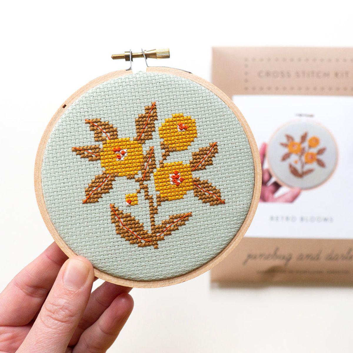 Junebug and Darlin-Retro Blooms, 4” Cross Stitch Kit-xstitch kit-gather here online