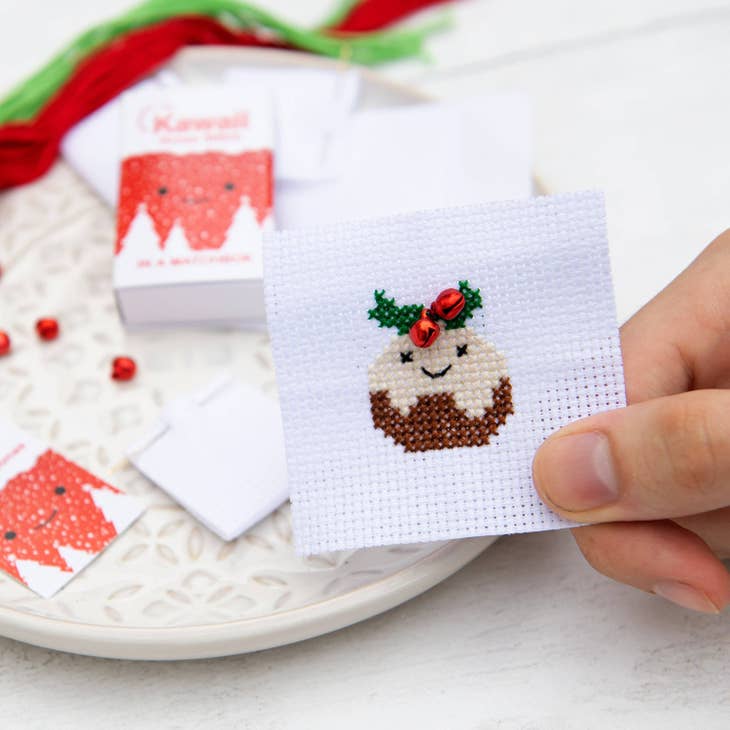 Marvling Bros-Kawaii Christmas Pudding Mini Cross Stitch Kit in a Matchbox-xstitch kit-gather here online