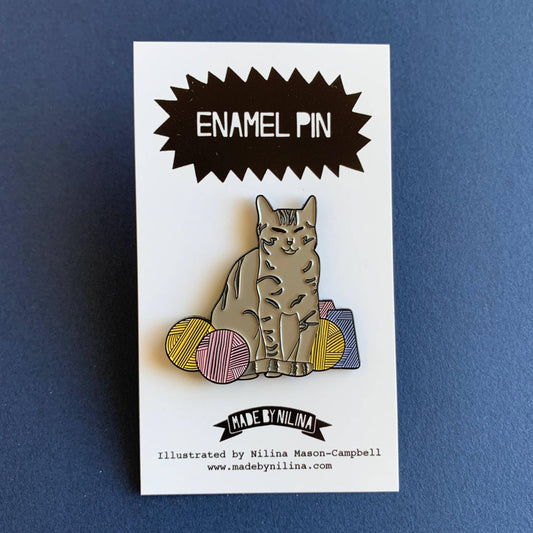 Made by Nilina-Brown Tabby Yarn Cat Enamel Pin-patches + pins-gather here online