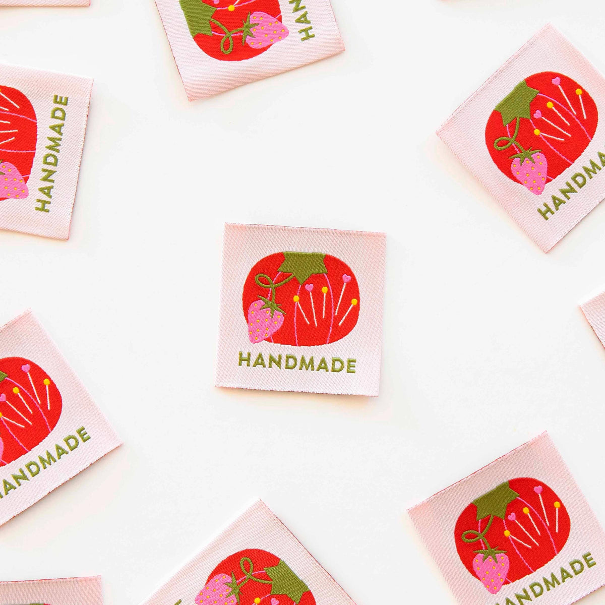 Sarah Hearts-Tomato Pin Cushion Handmade Large Sew-In Labels-sewing notion-gather here online