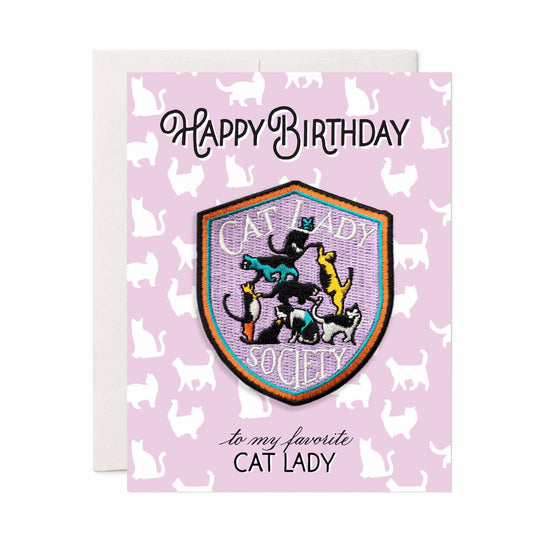 Antiquaria-Cat Lady Birthday Patch and Greeting Card - Pink-greeting card-gather here online