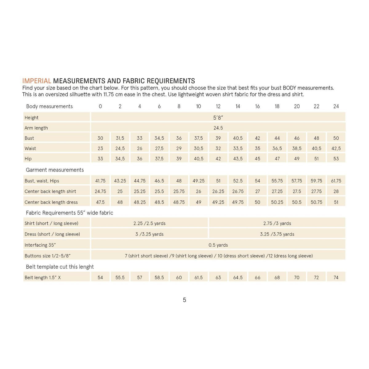 Measurement chart for dress and shirt patterns with body measurements and fabric requirements.
