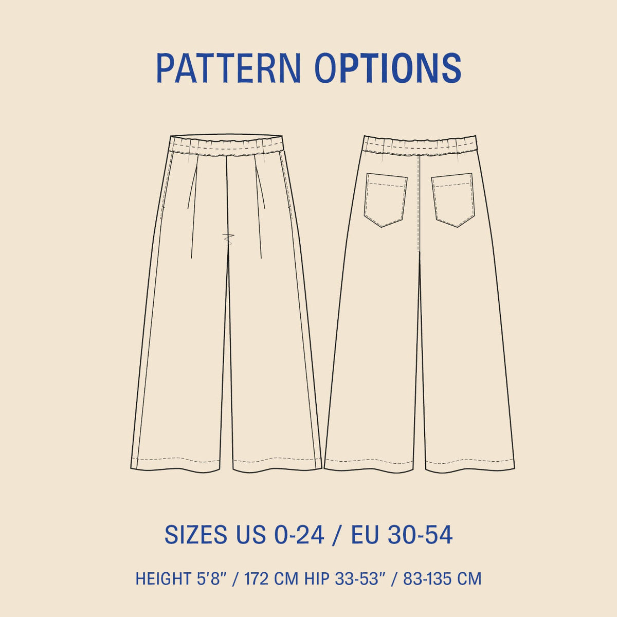 Outline of a pair of pants with pattern options text on a beige background