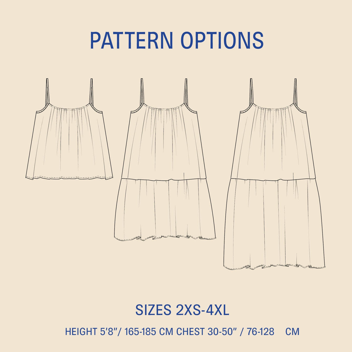 Outline of a dress with pattern options and size information on a beige background