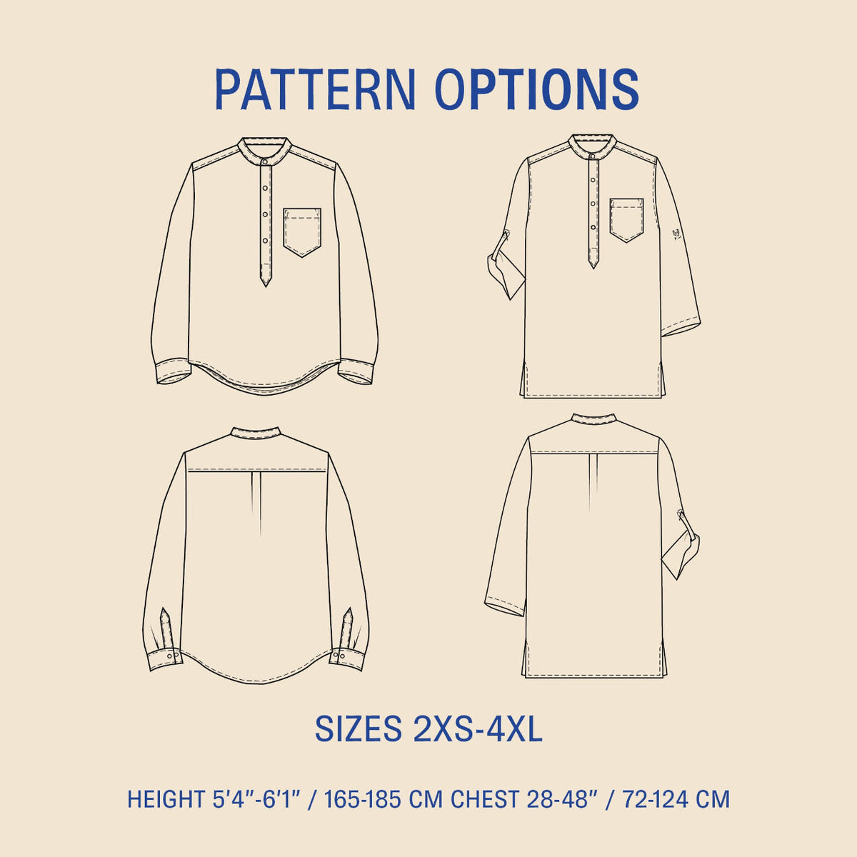 Pattern options for a shirt with size and height specifications on a beige background