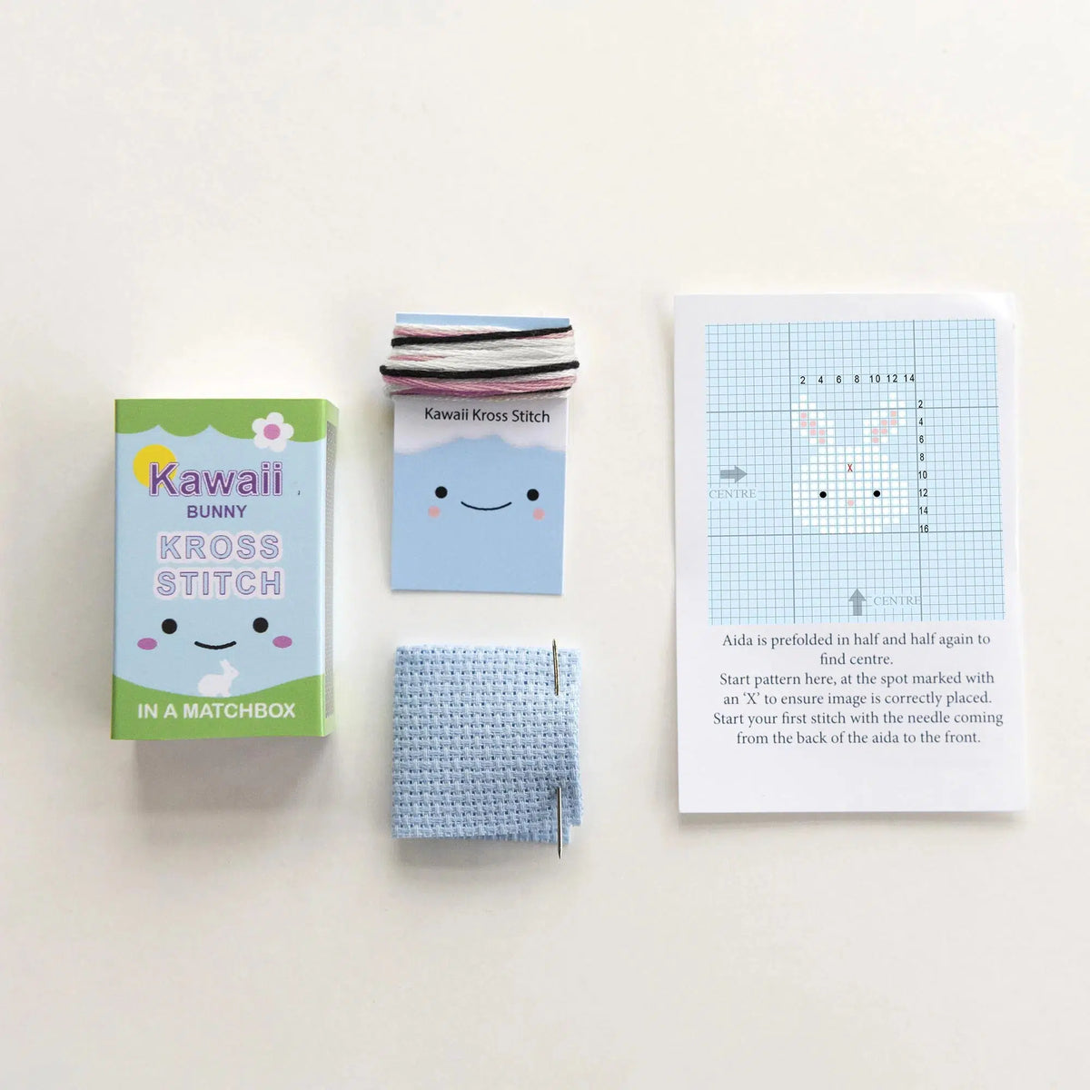 Marvling Bros-Kawaii Bunny Mini Cross Stitch Kit in a Matchbox-xstitch kit-gather here online