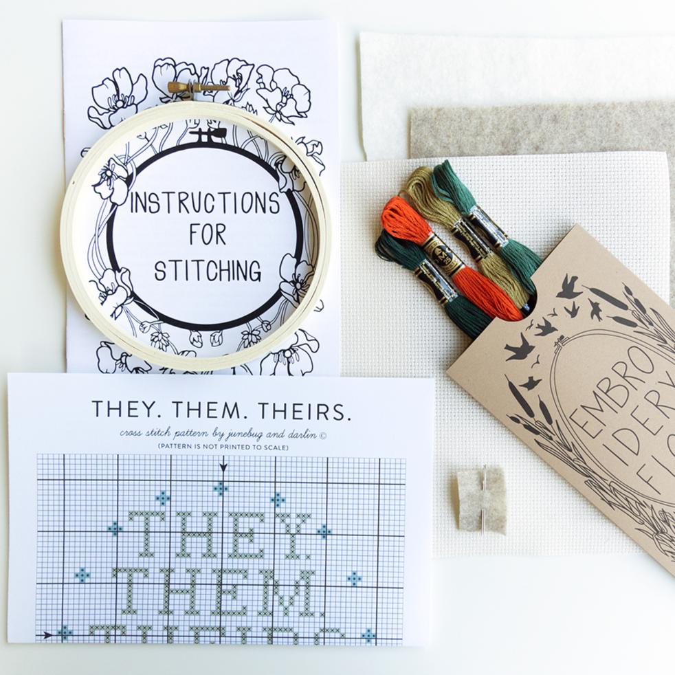 Junebug and Darlin-Pronouns They Cross Stitch Kit-xstitch kit-gather here online